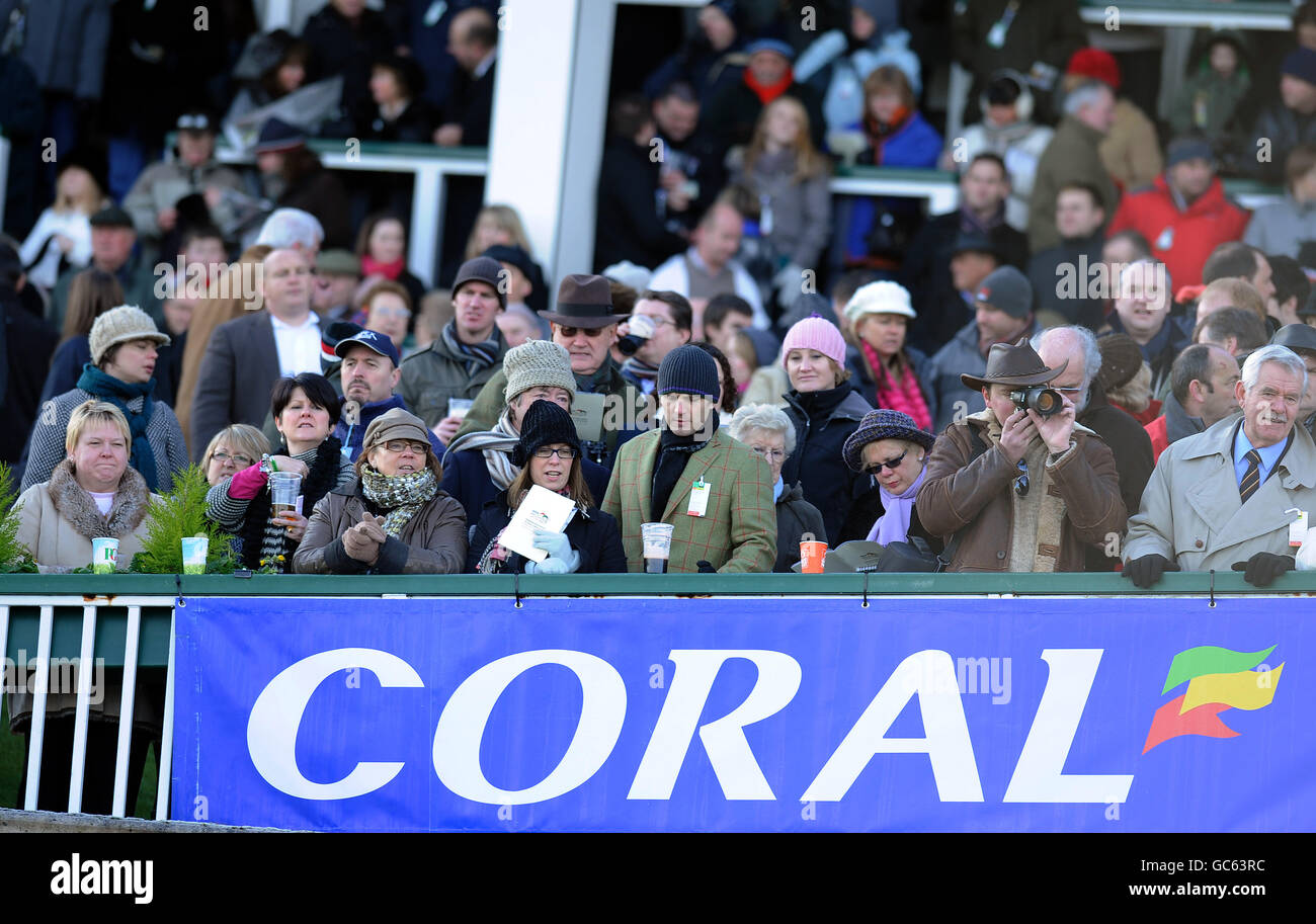 Corse di cavalli - il Coral Welsh National - Ippodromo di Chepstow. I Racegoers osservano l'azione dal supporto Foto Stock