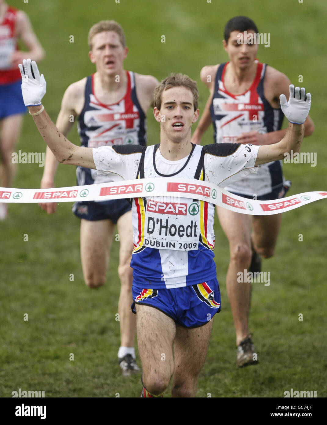 Il belga Jeroen D'Hoet vince l'evento Junior Men's durante i Campionati europei di cross-country di Dublino. Foto Stock