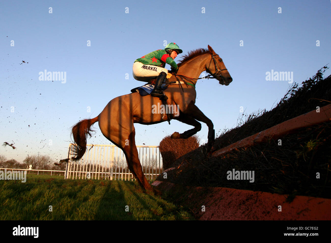 Corse di cavalli - Peterborough Chase Day - Huntingdon Racecourse. Jockey Sam Thomas su Red Rattle durante la Bet Totebool su 0800 221 221 Novices 'handicap Chase Foto Stock