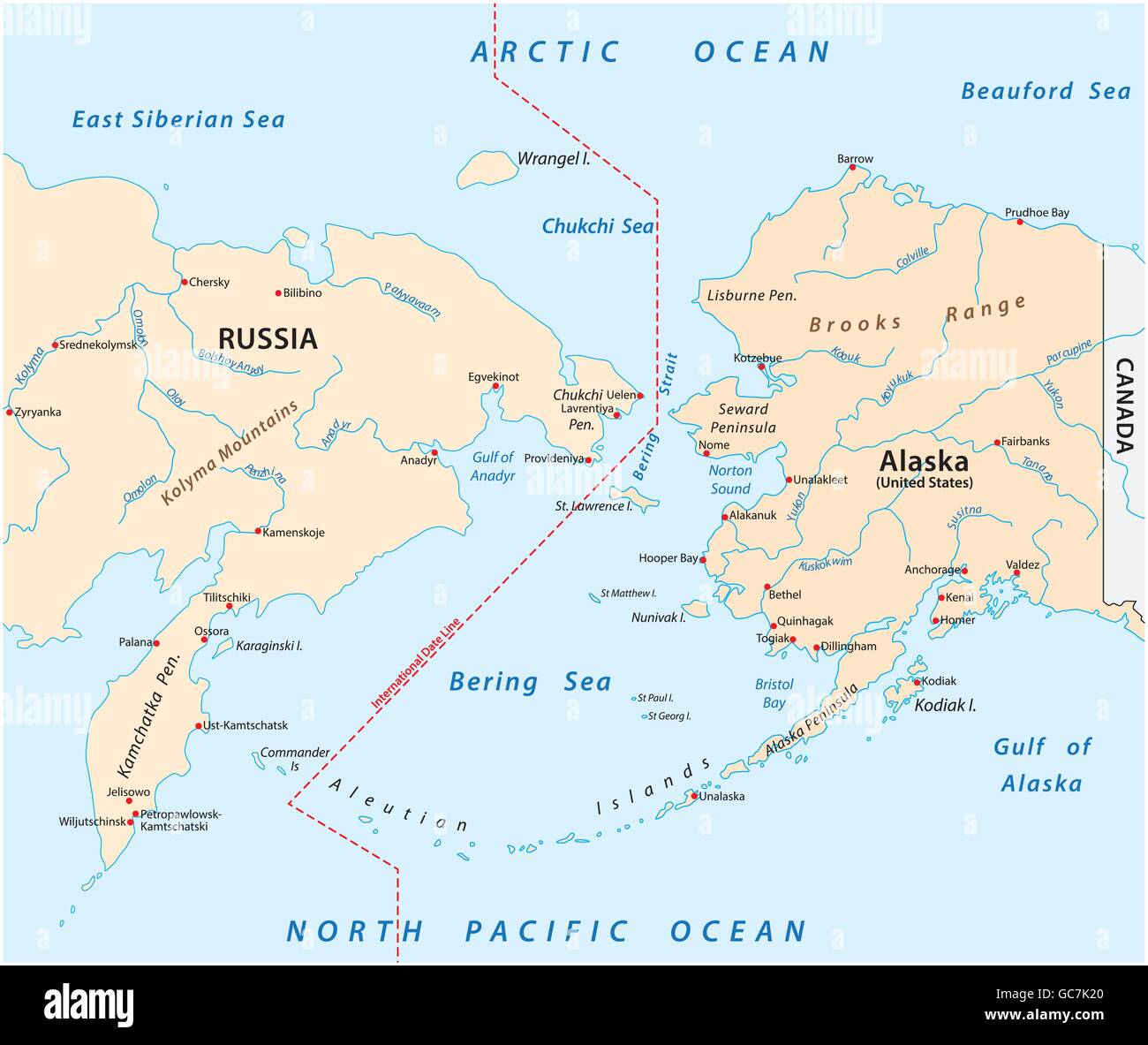 Mappa vettoriale dello stretto di Bering tra Russia e Alaska Illustrazione Vettoriale