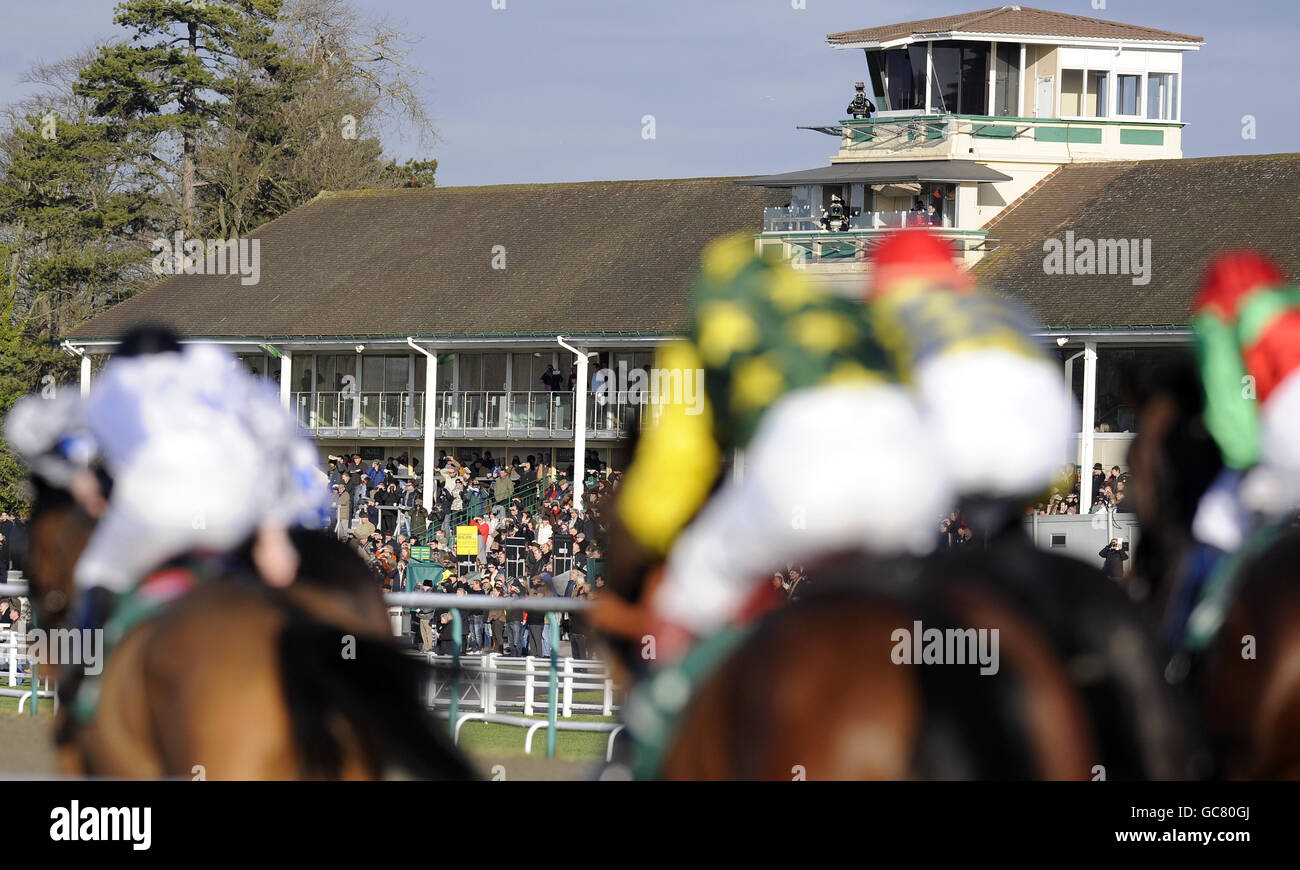 Corse di cavalli - Ippodromo di Lingfield. I corridori corrono verso il traguardo nella Bet fa Cup - Betdaq Maiden Stakes all'ippodromo di Lingfield, Lingfield. Foto Stock