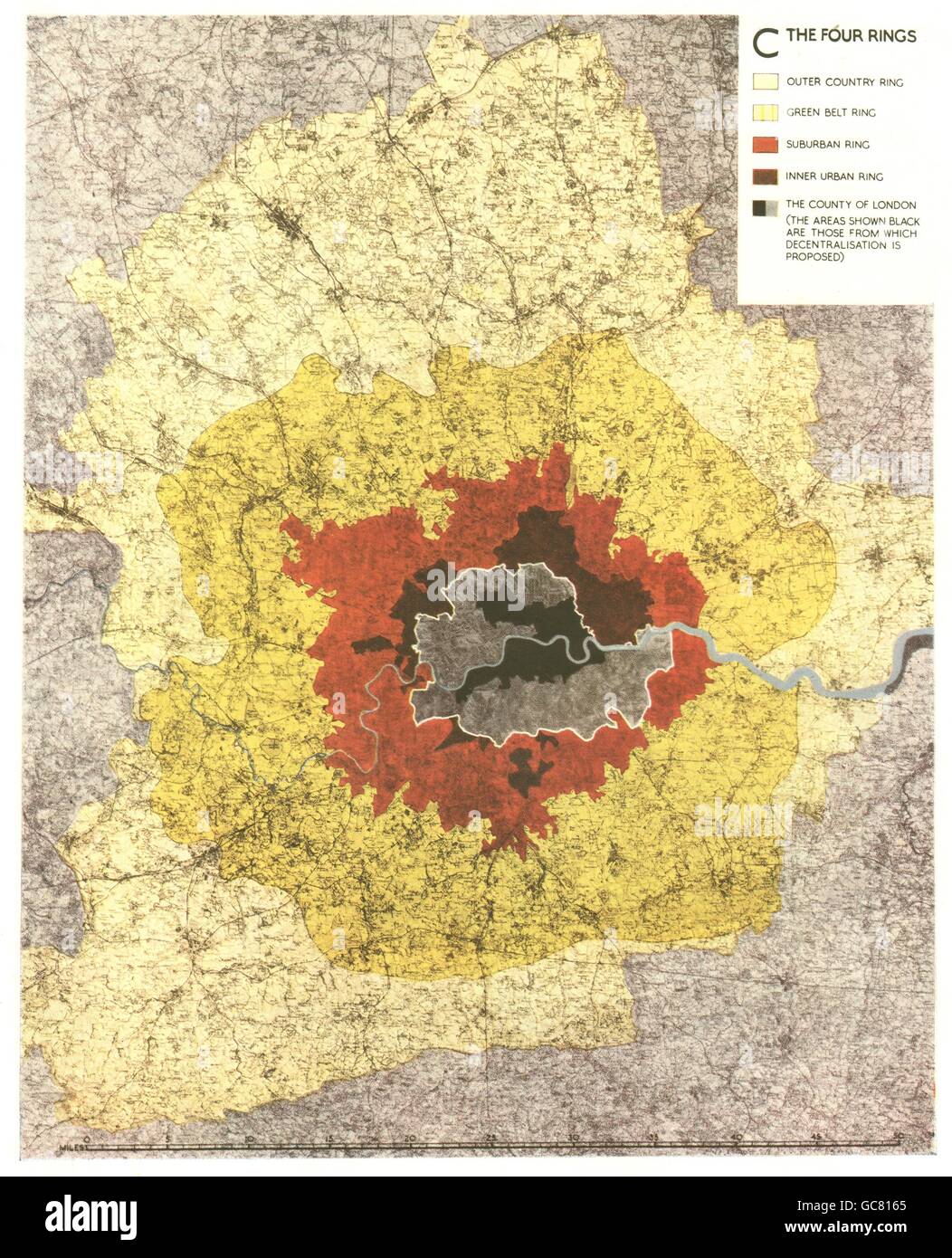 GREATER LONDON PLAN. Quattro anelli. Cintura verde sub/urban. ABERCROMBIE,  1944 Mappa Foto stock - Alamy