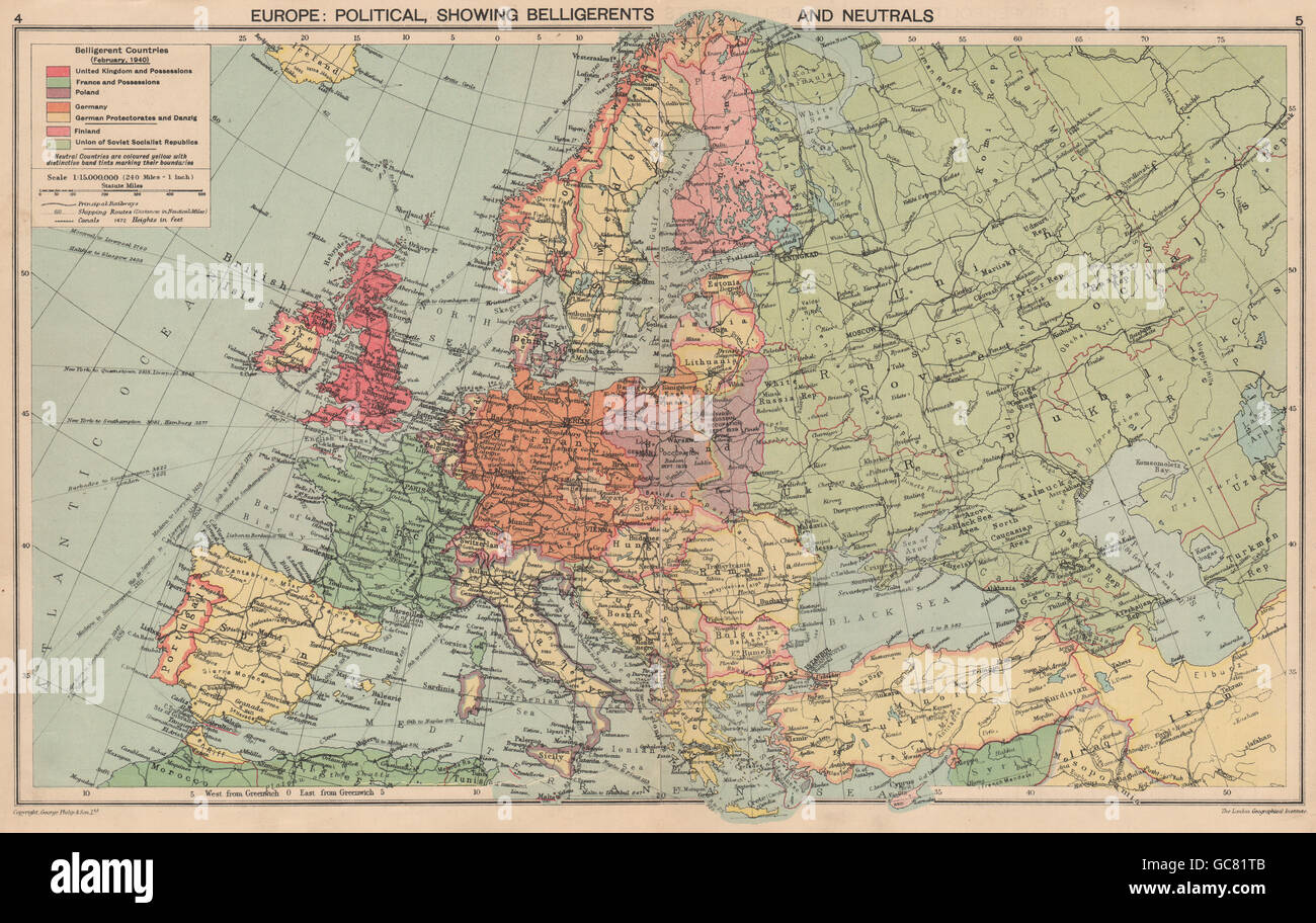 1940 L'Europa. WW2.belligeranti/neutrali Polonia occupata/Finlandia Albania, 1940 Mappa Foto Stock