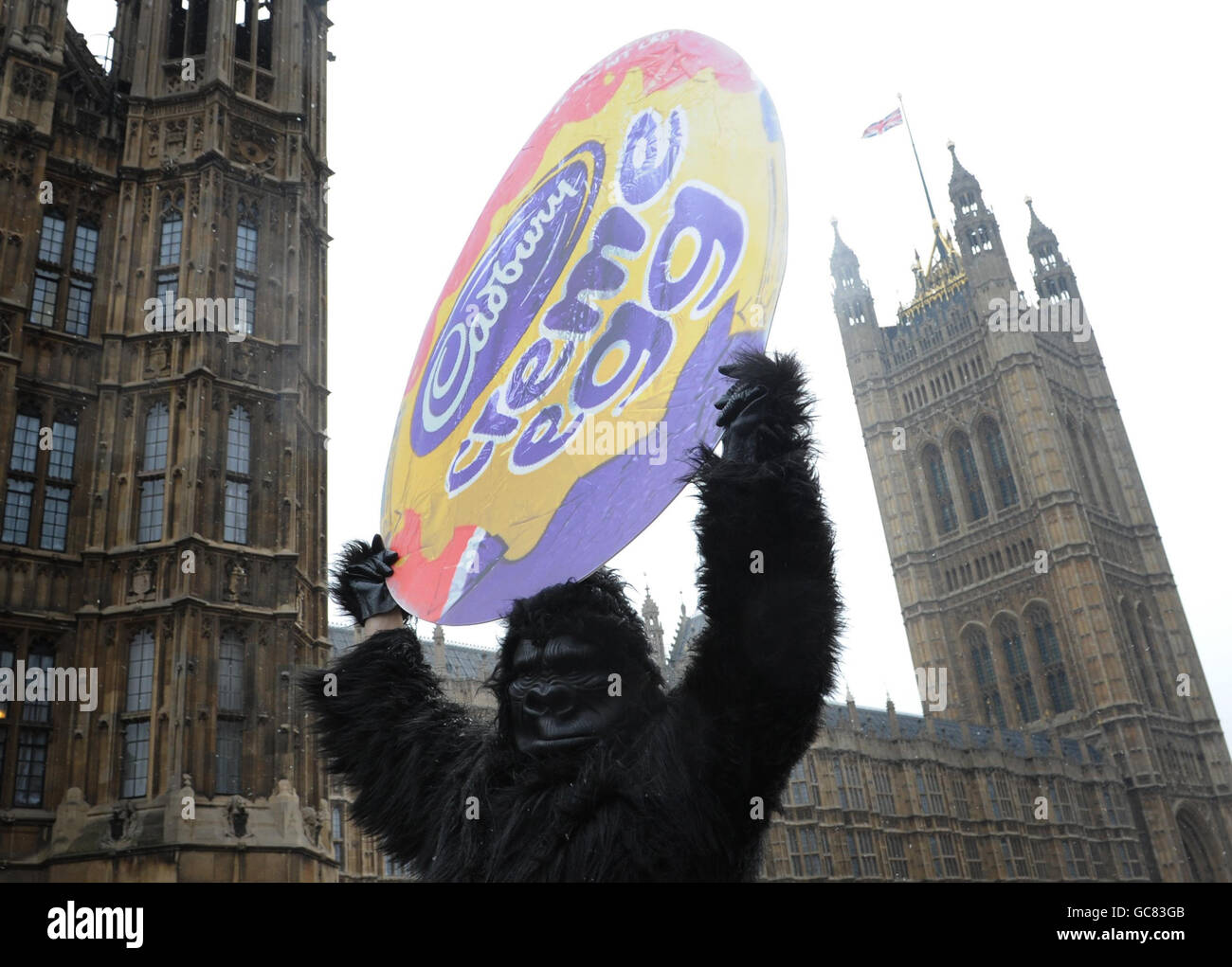 Un uomo vestito da gorilla dimostra oggi fuori dalla Camera dei Comuni di Londra per esortare i parlamentari a mantenere Cadburys, il confessore, indipendente. Foto Stock