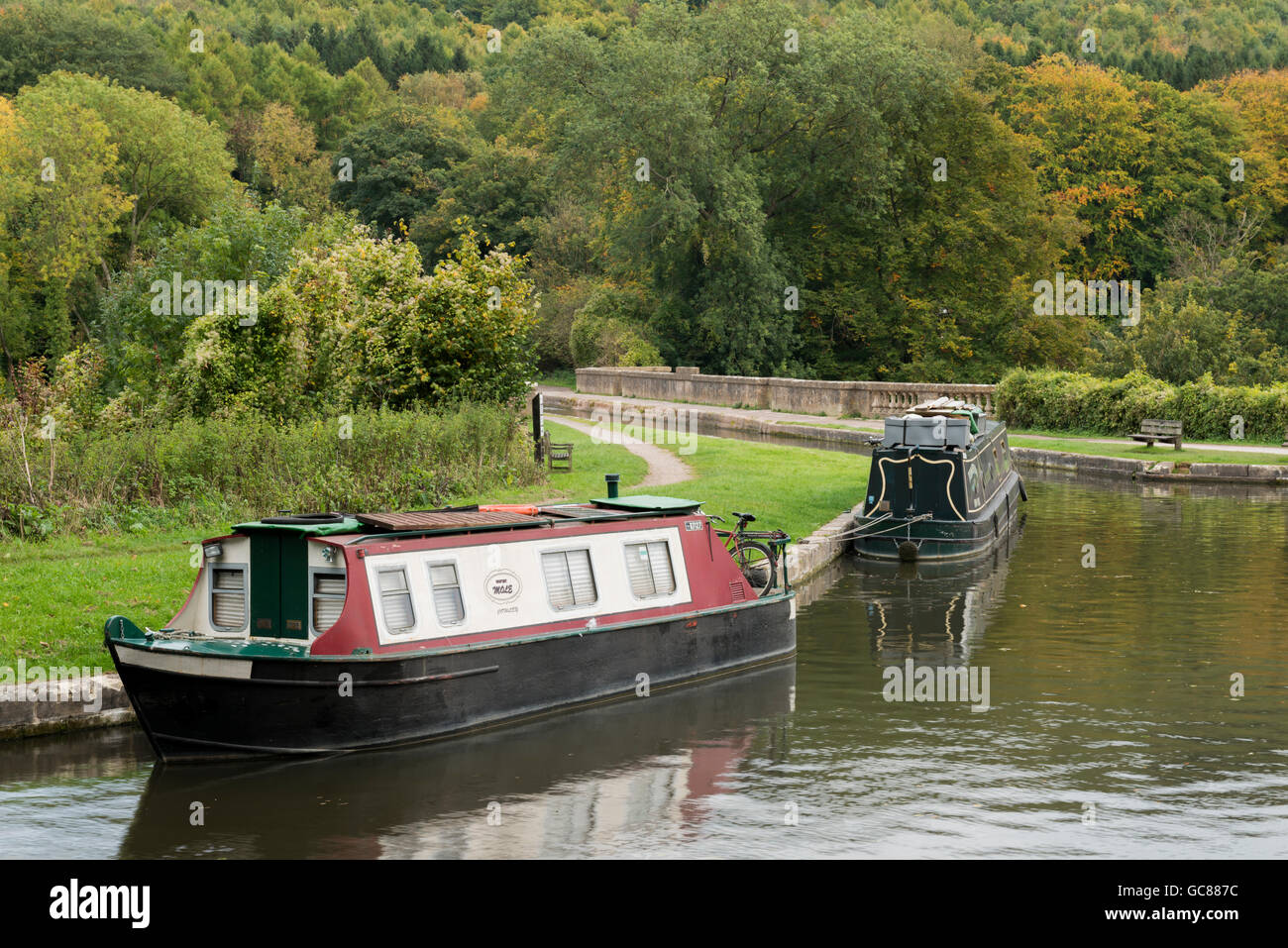 Imbarcazioni strette sul Kennet and Avon Canal, Dundas Acquedotto (grado 1 elencati), Limpley Stoke, sul confine tra il Somerset e Wilts Foto Stock