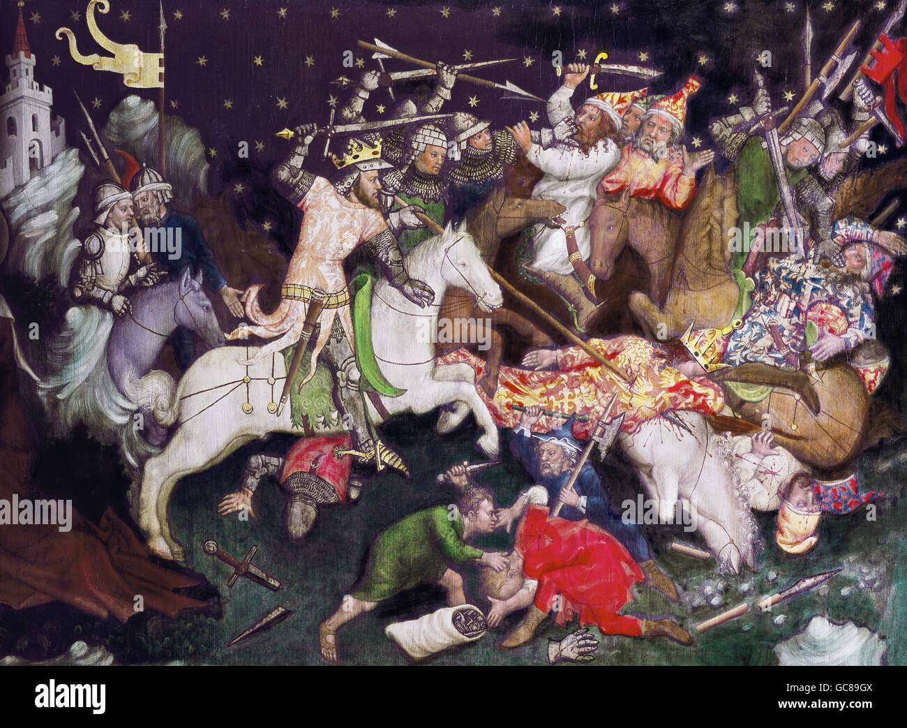 Belle arti, Medioevo, Austria, dipinto 'Re Sigismondo di Ungheria combattimenti contro i pagani", olio su legno, artista sconosciuto, Stiria, nel 1450 circa, Joanneum di Graz, Foto Stock