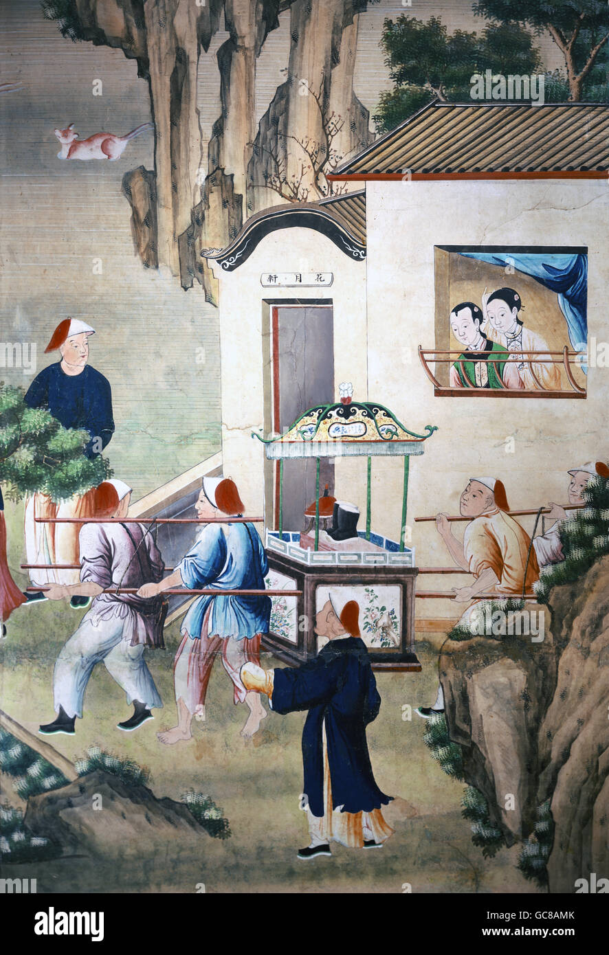 Belle arti, sfondo, il corteo funebre per un Mandarine, dettaglio, stampare su carta, Guangzhou, dinastia Qing, circa 1780, tedesco Tapetenmuseum Kassel, Foto Stock
