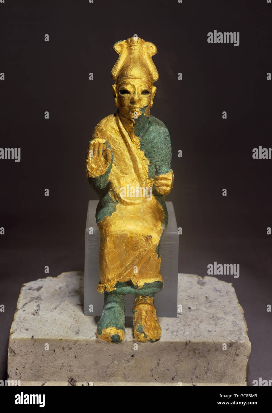 Belle arti, mondo antico, sumerico, scultura, Statua del dio Baal, oro ricoperto di bronzo, Ugarit, 14th/XIII secolo A.C. Damasco museo nazionale, Foto Stock