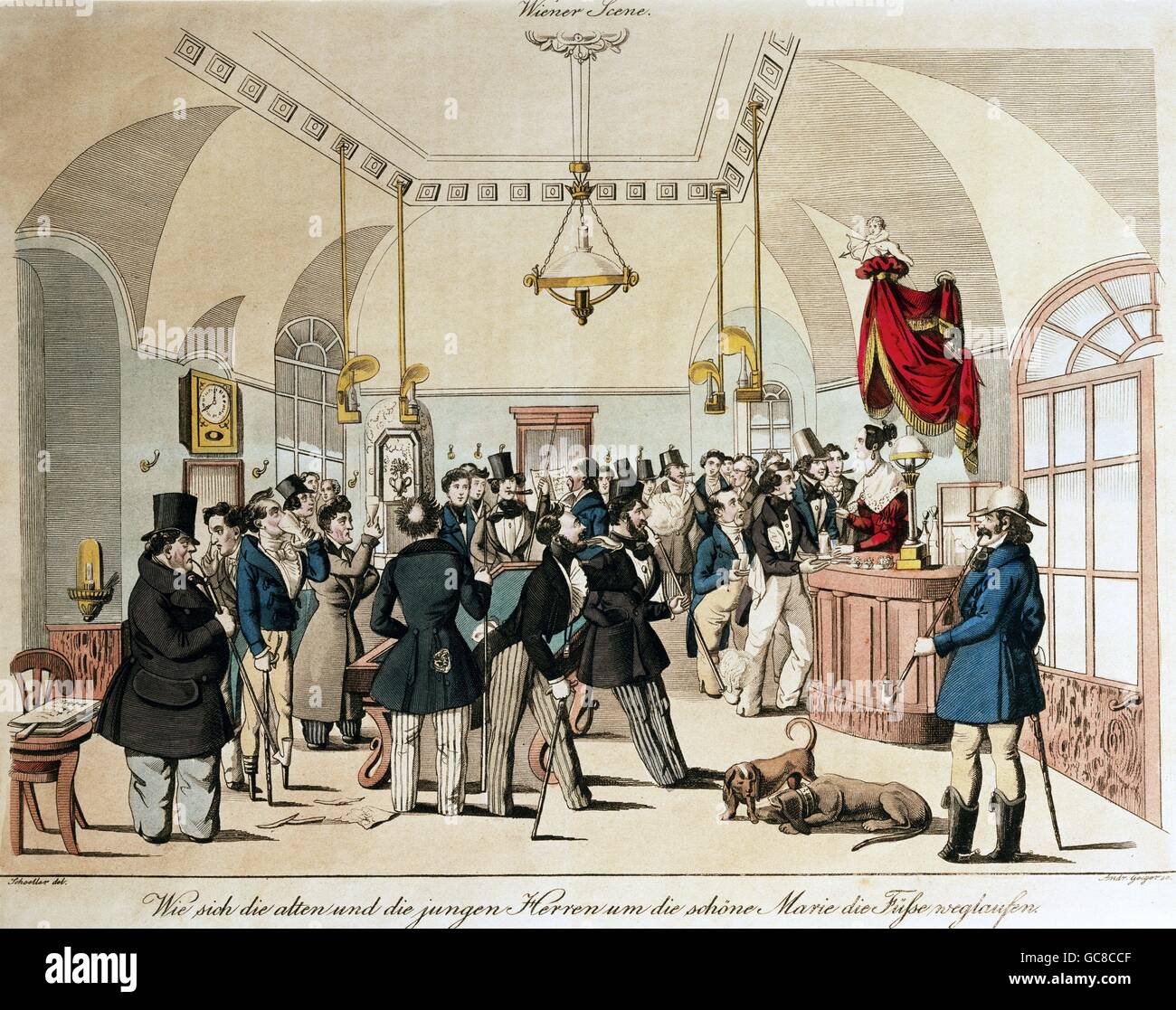 Gastronomia, caffè, caricature, 'Wiener Szene' (scena viennese), incisione, colorata, di Andreas Geiger, 18.5 cm x 25 cm, dopo un disegno di Schoeller, illustrazione di 'Wiener Theaterzeitung', circa 1845, collezione privata, diritti aggiuntivi-clearences-non disponibile Foto Stock