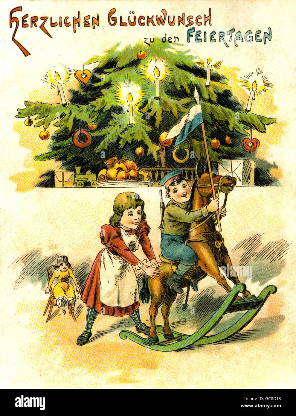 Natale, bambini con regalo, albero di Natale decorato festa, 'Herzlichen Glueckwunsch zu den Feiertagen', litografia, Germania, 1902, diritti aggiuntivi-clearences-non disponibile Foto Stock