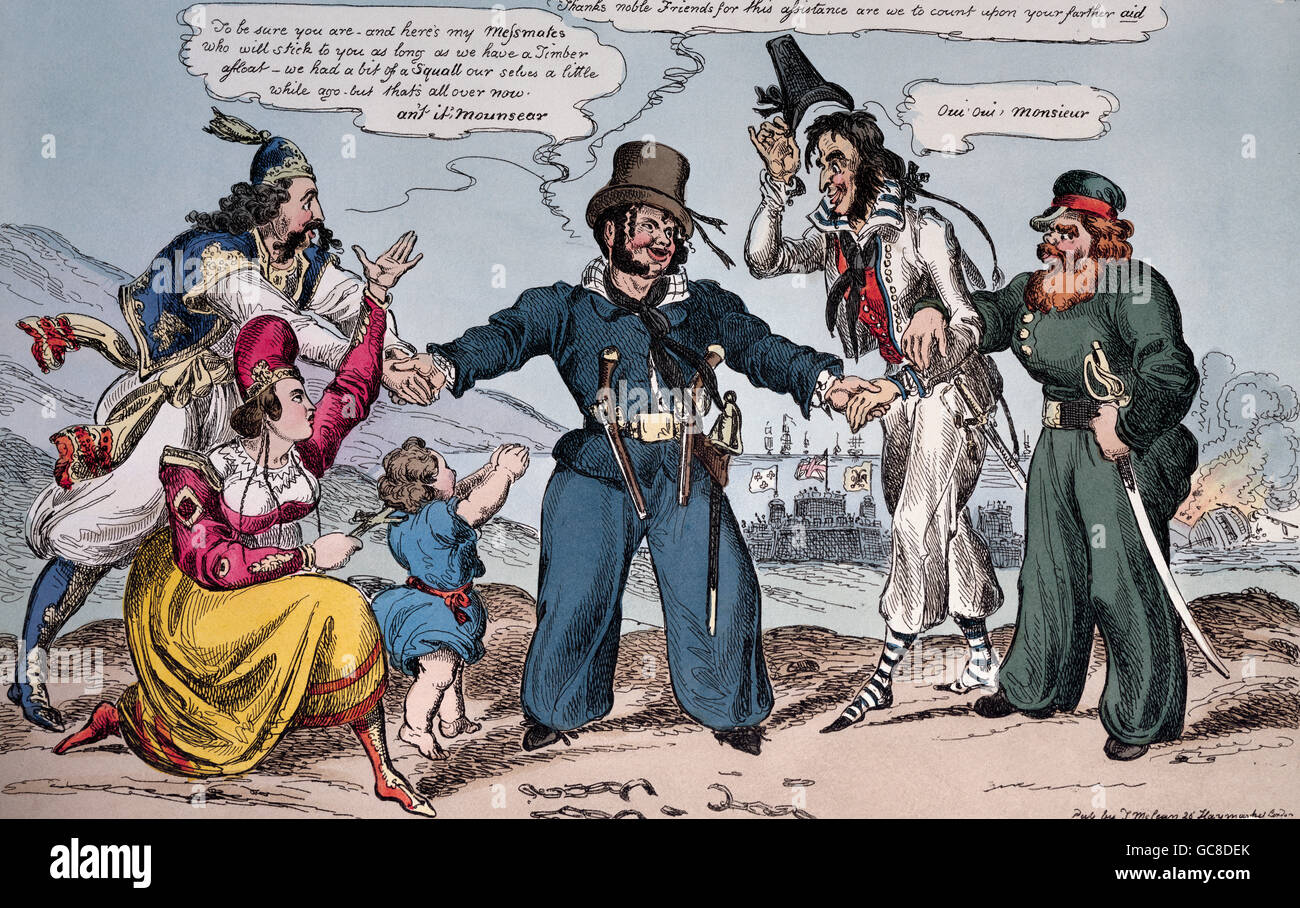 Eventi, Guerra greca di Indipendenza, 1821 - 1829, Battaglia di Navarino, 20.10.1827, caricatura, 'Salivatori a Navarino', aquatinta, Thomas MacLean, Londra, 1827/1828, Munich Stadtmuseum, , diritti aggiuntivi-clearences-non disponibili Foto Stock