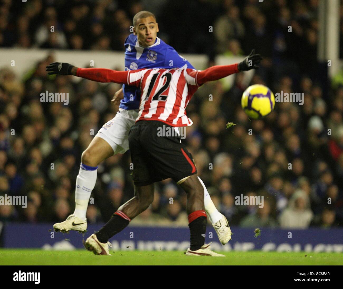 Calcio - Barclays Premier League - Everton / Sunderland - Goodison Park. John Mensah di Sunderland si schiera contro James Vaughan di Everton mentre lottavano per la palla Foto Stock