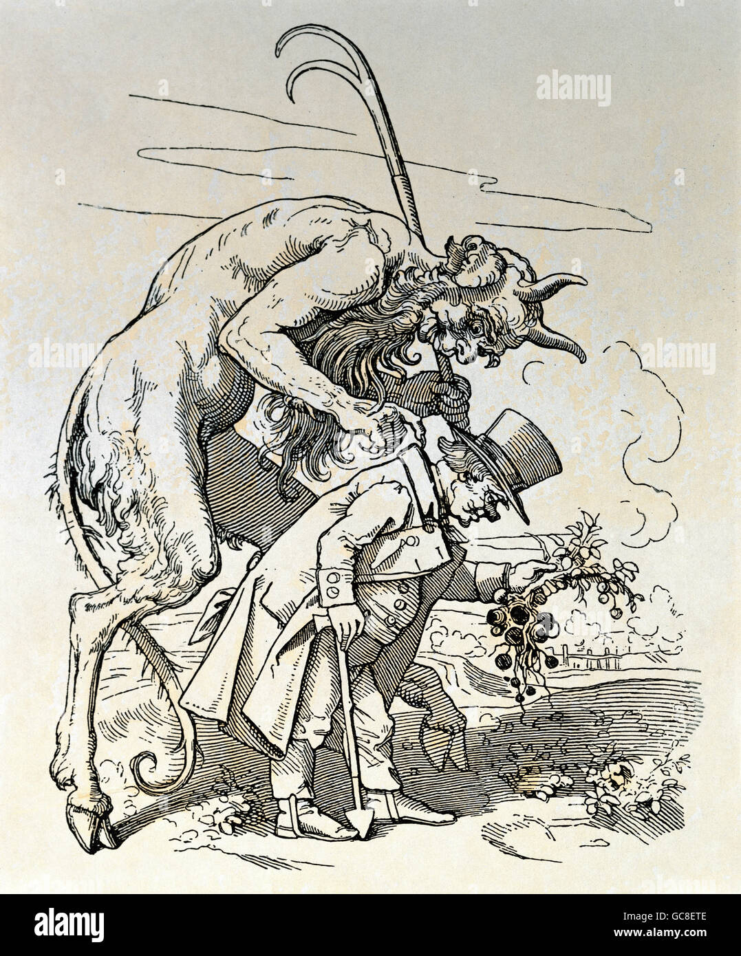 Belle arti, Schwind Moritz von (1804 - 1871), caricatura, "il diavolo e la Potatoe usurai', incisione su legno, "Fliegende Blätter', 1847 Foto Stock