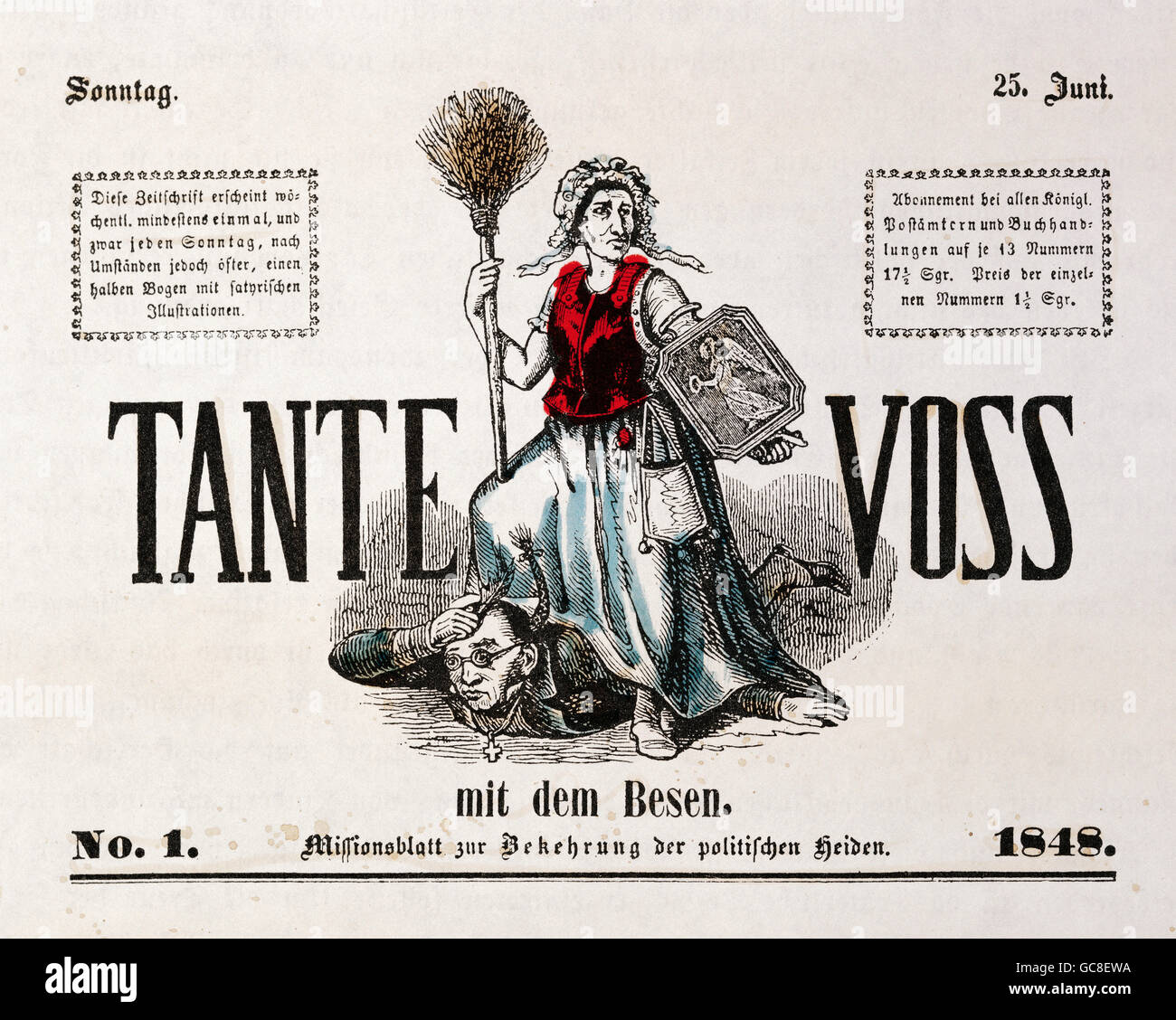 Events, Revolution 1848, caricature politiche 'Tante Voss mit dem Besen', copertina di Vossische Zeitung, Germania, 1848, Additional-Rights-Clearences-Not Available Foto Stock