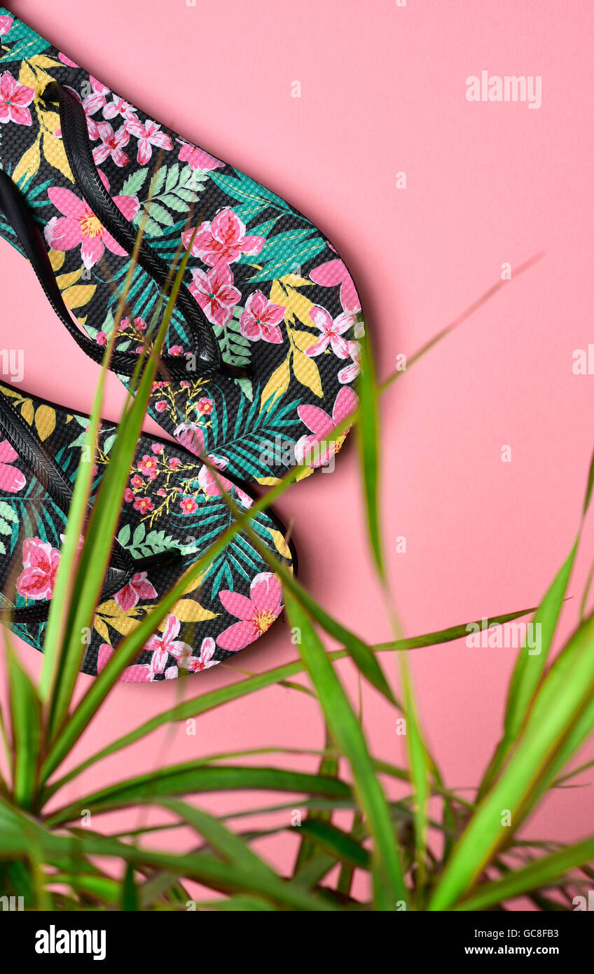 Primo piano di una coppia di fiori colorati con fantasie di flip-flop con cinghie di vuoto e una foglia di palma su un sfondo rosa Foto Stock