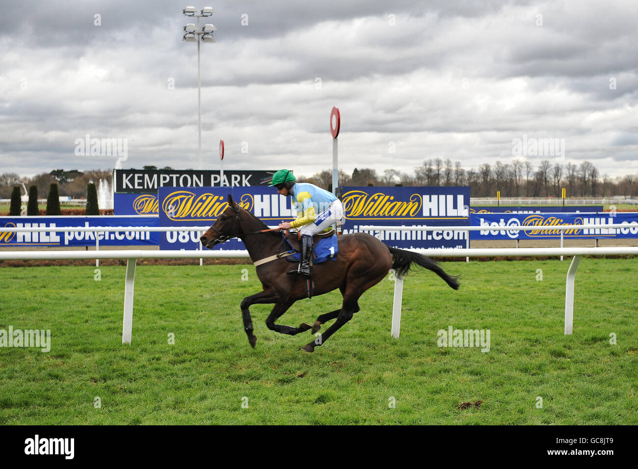 Corse ippiche - Festival invernale - giorno due - Kempton Park. Jockey Oliver Greenall sui Venti di Westlin durante il Williamhill.com - Blackjack Juvenile Novices 'ostacolo Foto Stock