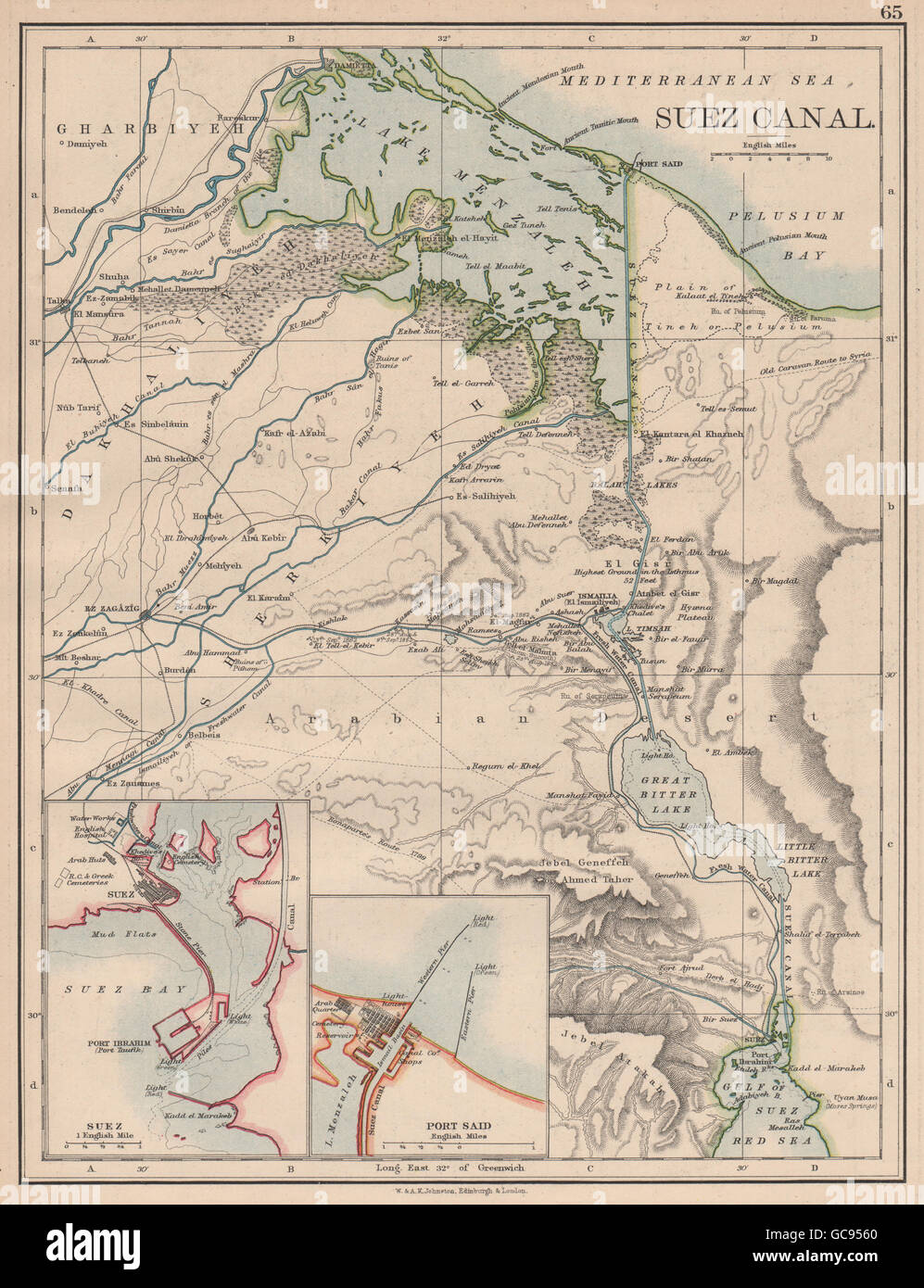 Canale di Suez. Piano del canale. Piani di Suez e Port Said. JOHNSTON, 1897 Mappa Foto Stock