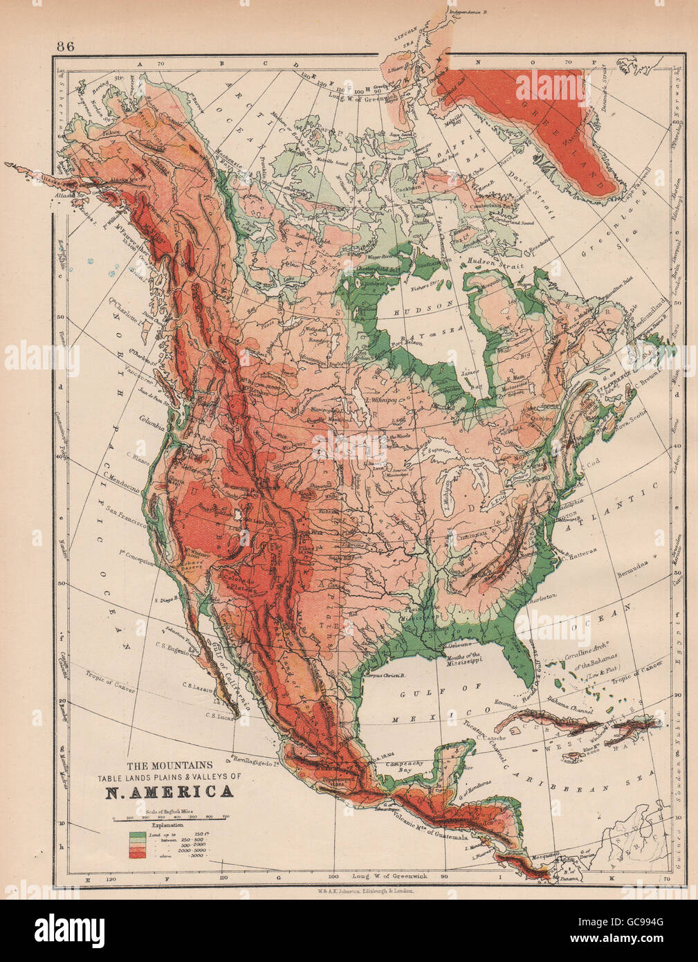 Nord America fisico. Sollievo. Chiave di altezze di montagne. Oceano profondo , 1897 mappa Foto Stock