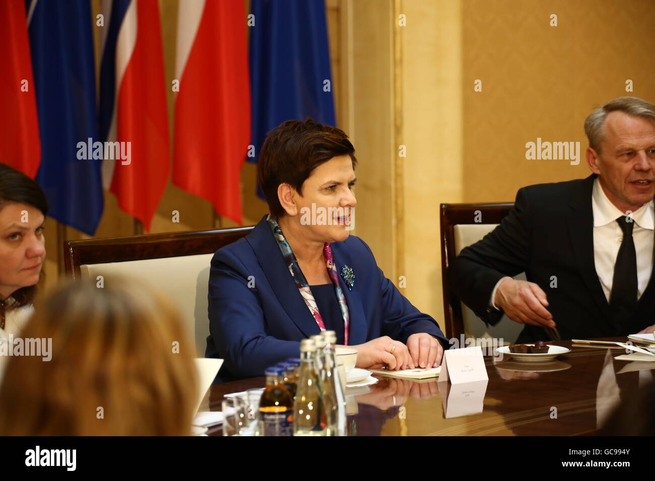 Varsavia, Polonia. 08 Luglio, 2016. La Norvegia è il Primer Ministro Erny Solberg è stato ricevuto dal polacco Beata Szydlo presso la cancelleria durante il vertice della NATO a Varsavia. © Jakob Ratz/Pacific Press/Alamy Live News Foto Stock