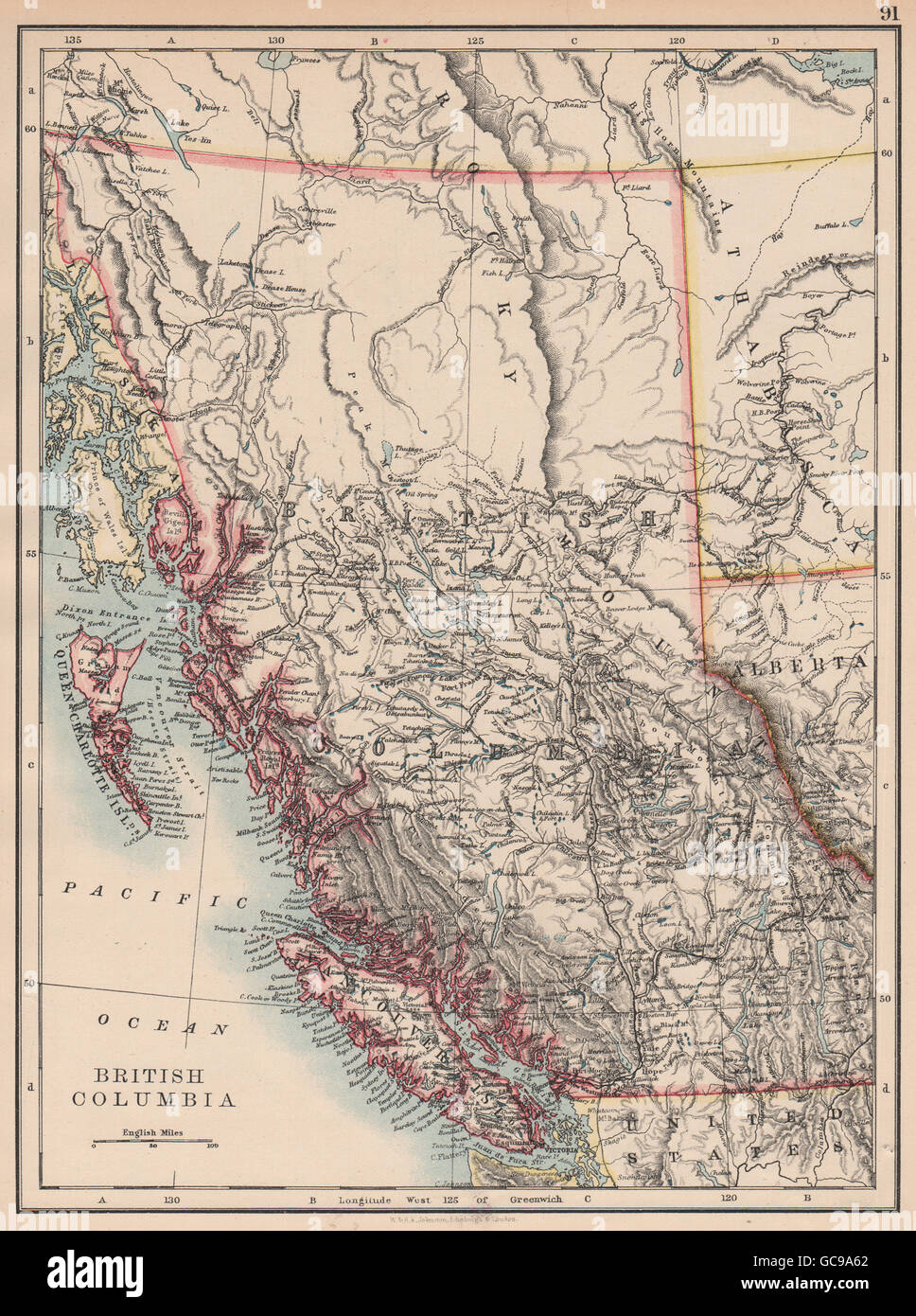 BRITISH COLUMBIA. Mappa della provincia. Ferrovie. Isola di Vancouver. JOHNSTON, 1897 Foto Stock