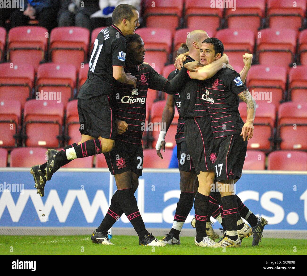 Calcio - Barclays Premier League - Wigan Athletic v Everton - DW Stadium. Tim Cahill di Everton (a destra) si congratula con i suoi compagni di squadra dopo aver raggiunto il primo obiettivo del gioco Foto Stock