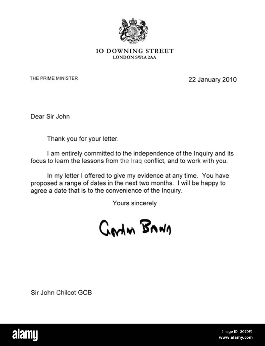 Chilcot Iraq inchiesta. Lettera rilasciata dall'inchiesta irachena del primo ministro Gordon Brown a Sir John Chilcot del 22/01/10. Foto Stock