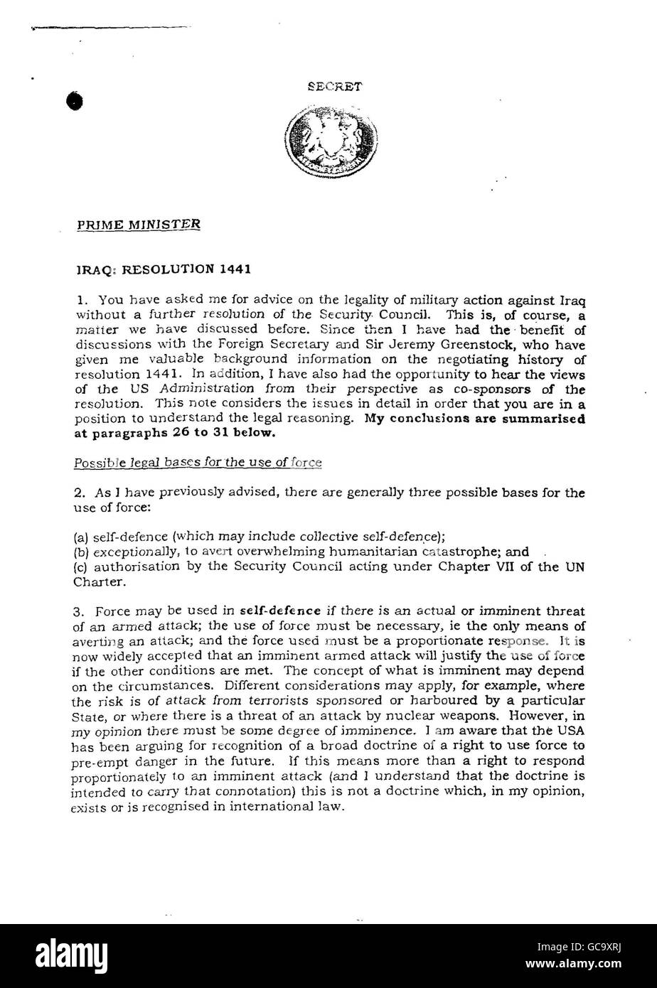 La prima pagina del documento inviato dall'allora procuratore generale Lord Goldsmith al primo ministro britannico Tony Blair, contenente pareri controversi sulla legalità della guerra in Iraq, Lord Goldsmith ha dato prova all'inchiesta Chilcot a Londra sulla guerra in Iraq. Foto Stock