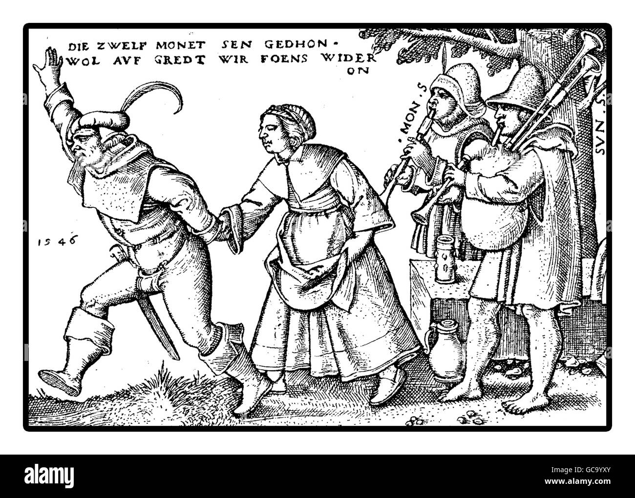 Anno 1546, contadini celebrare una festa ballando e giocando numerosi festival ha avuto luogo durante l'anno relativi alla religione e natura. Foto Stock