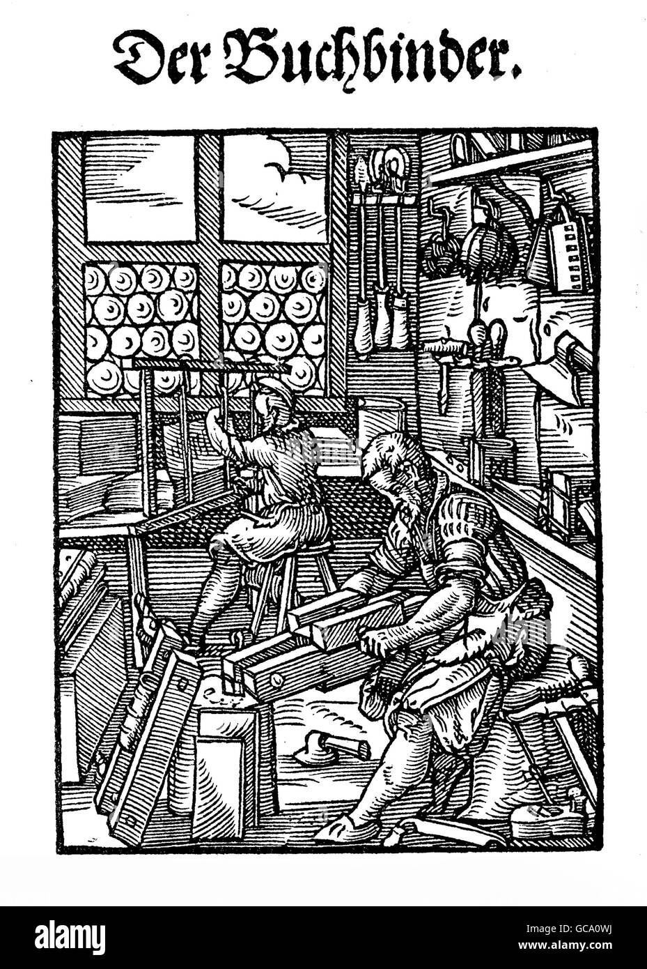 XVI secolo - negozio di rilegatura di libri Foto Stock
