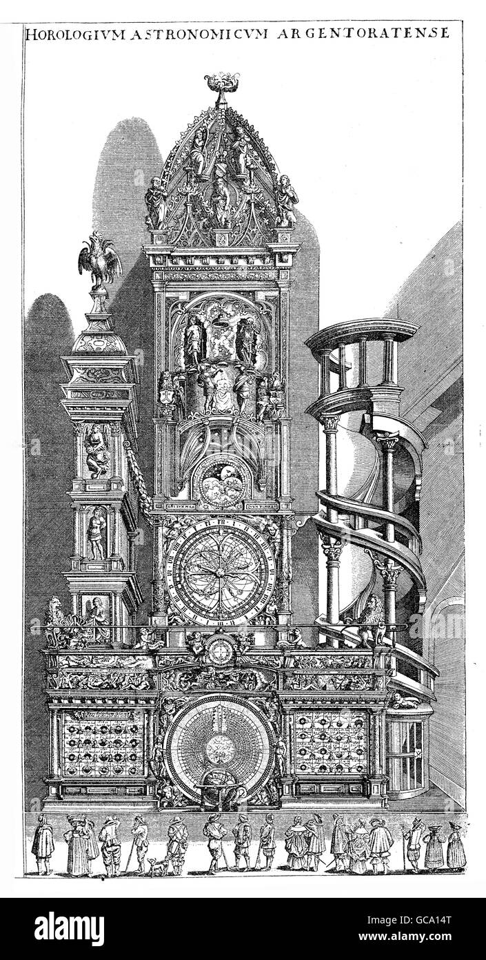 La seconda data di nascita della sua famiglia, questo orologio astronomico progettato dallo svizzero fratelli Isaak e Josias Habrecht fu completato nel 1574 in sostituzione del suo predecessore costruito nel 1354. Altamente complessa e riccamente decorata, mantenuto che mostra il tempo, le fasi lunari e molti altri dati astronomici fino al 1788. Essa è stata sostituita nel 1842 con una nuova, ancor più complicata la versione funziona ancora oggi. Foto Stock