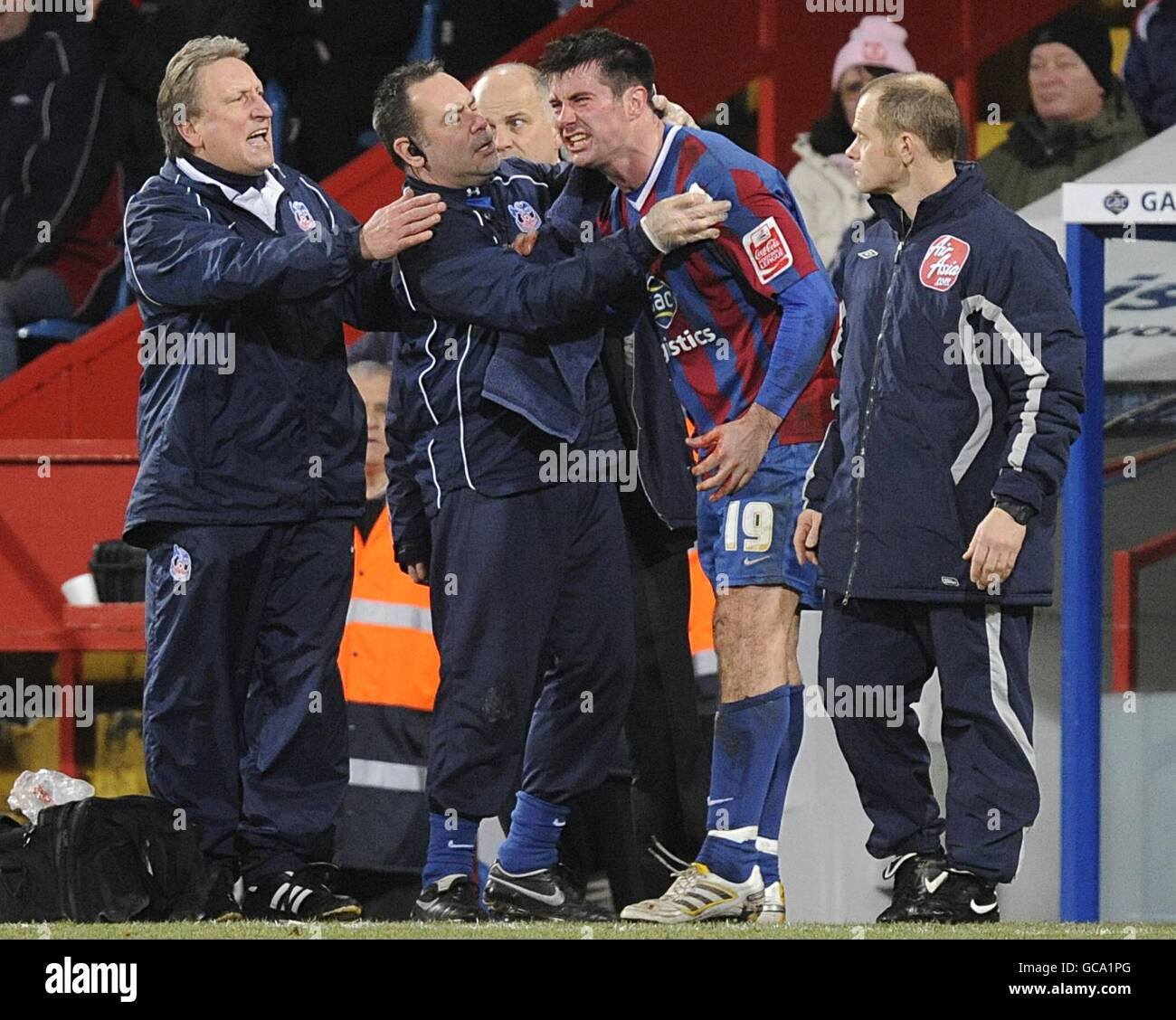 Calcio - fa Cup - Fourth Round Replay - Crystal Palace / Wolverhampton Wanderers - Selhurst Park. Alan Lee del Crystal Palace (numero 19) grida mentre è trattato per un danno alla testa. Foto Stock