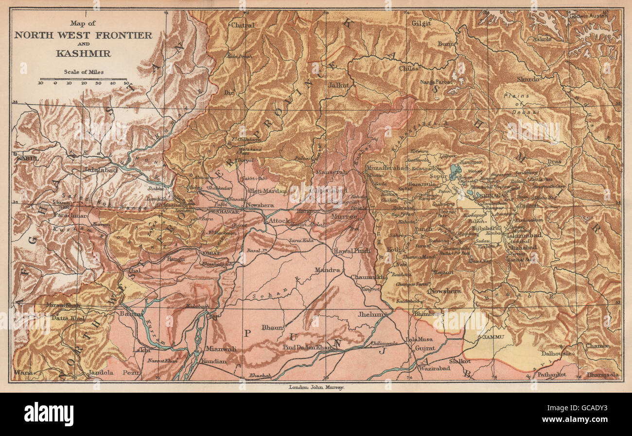 BRITISH India/Pakistan. Mappa di Frontiera del Nord Ovest, il Kashmir e Punjab 1929 Foto Stock