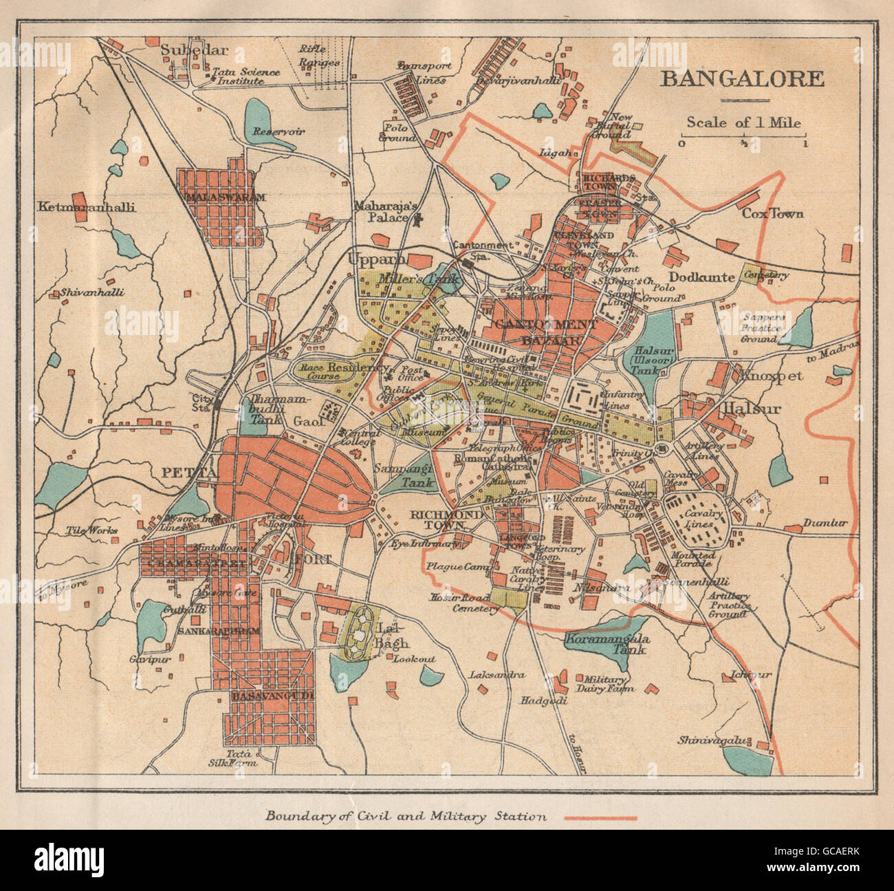 INDIA BRITANNICA. Bangalore (Bengaluru) city plan.Petta.Cantonment bazaar, 1929 Mappa Foto Stock