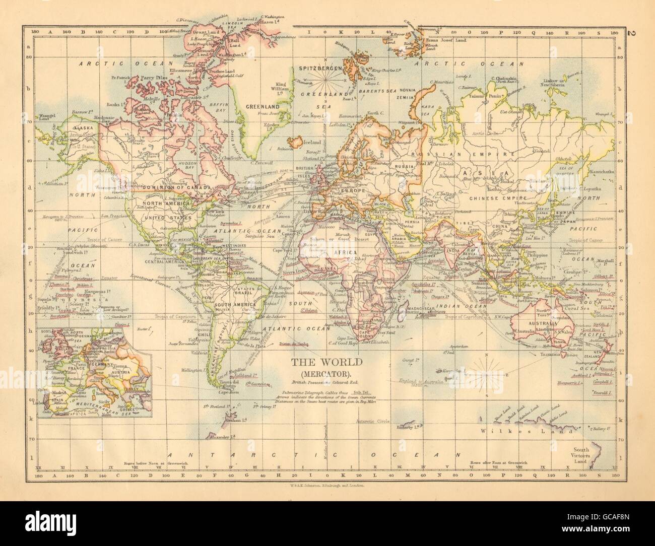 Impero britannico. Mondo proiezione di Mercatore. Le correnti. Piroscafo rotte. JOHNSTON, 1897 Mappa Foto Stock