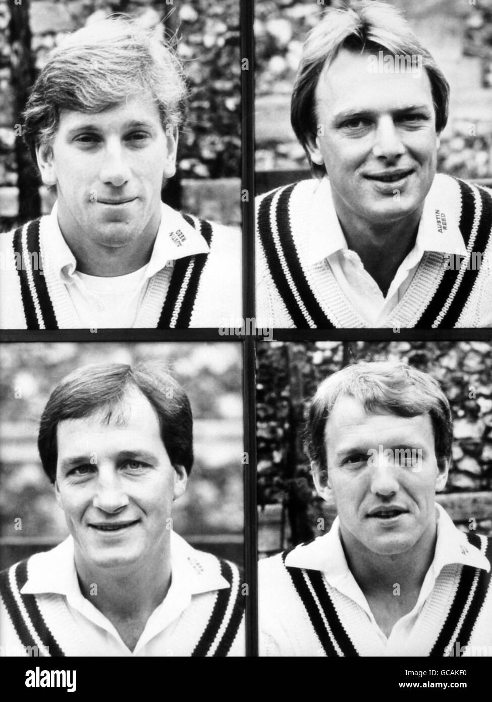 Membri della squadra di cricket della contea di Middlesex (in alto a sinistra-a destra) Kevin james e Paul Downton (in basso a sinistra-destra) John Emburey e Andy Smith Foto Stock