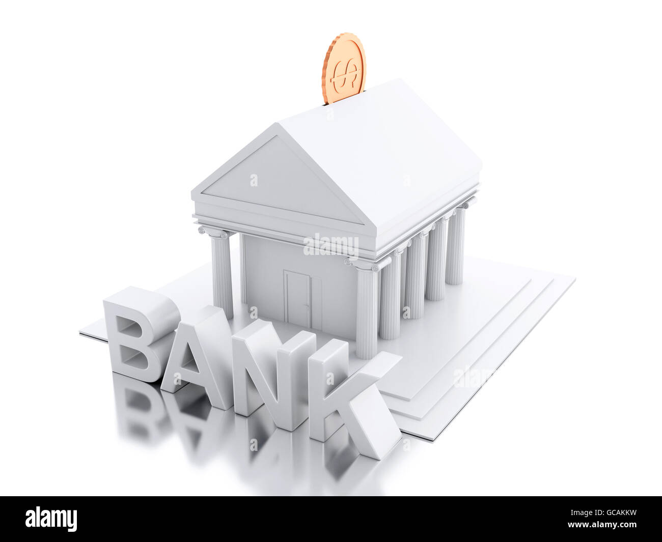 3D renderer immagine. Bank building con denaro moneta. Isolato sullo sfondo bianco. Foto Stock
