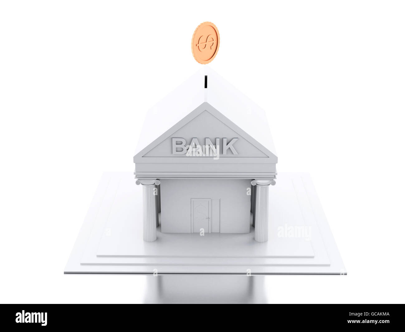 3D renderer immagine. Bank building con denaro moneta. Isolato sullo sfondo bianco. Foto Stock
