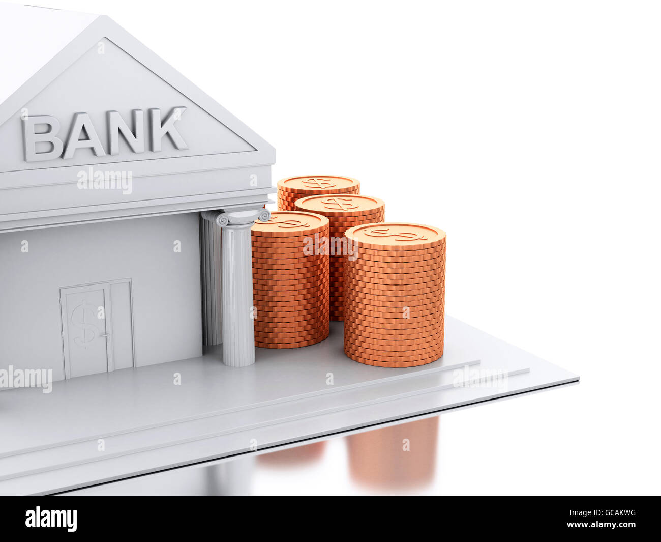 3D renderer immagine. Edificio della banca con il denaro delle monete in euro. Isolato sullo sfondo bianco. Foto Stock