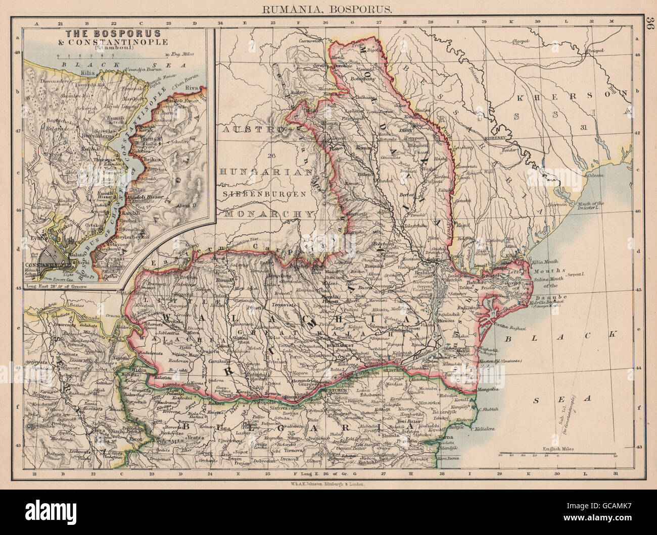 La Romania e il Bosforo. Valacchia Moldavia Costantinopoli Johnston, 1897 mappa vecchia Foto Stock