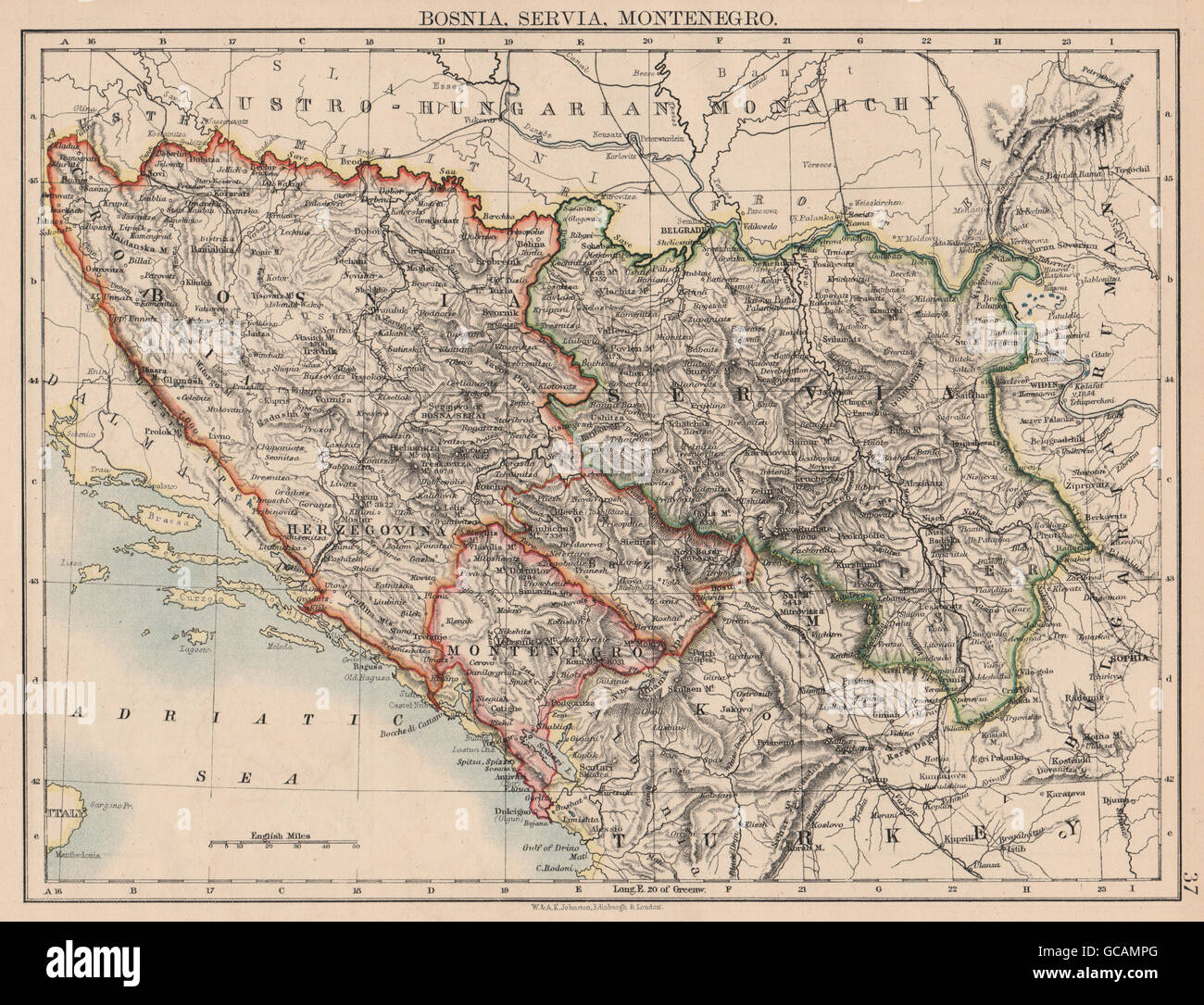 La BOSNIA SERVIA MONTENEGRO. Balcani Serbia Croazia Erzegovina.Johnston, 1897 Mappa Foto Stock