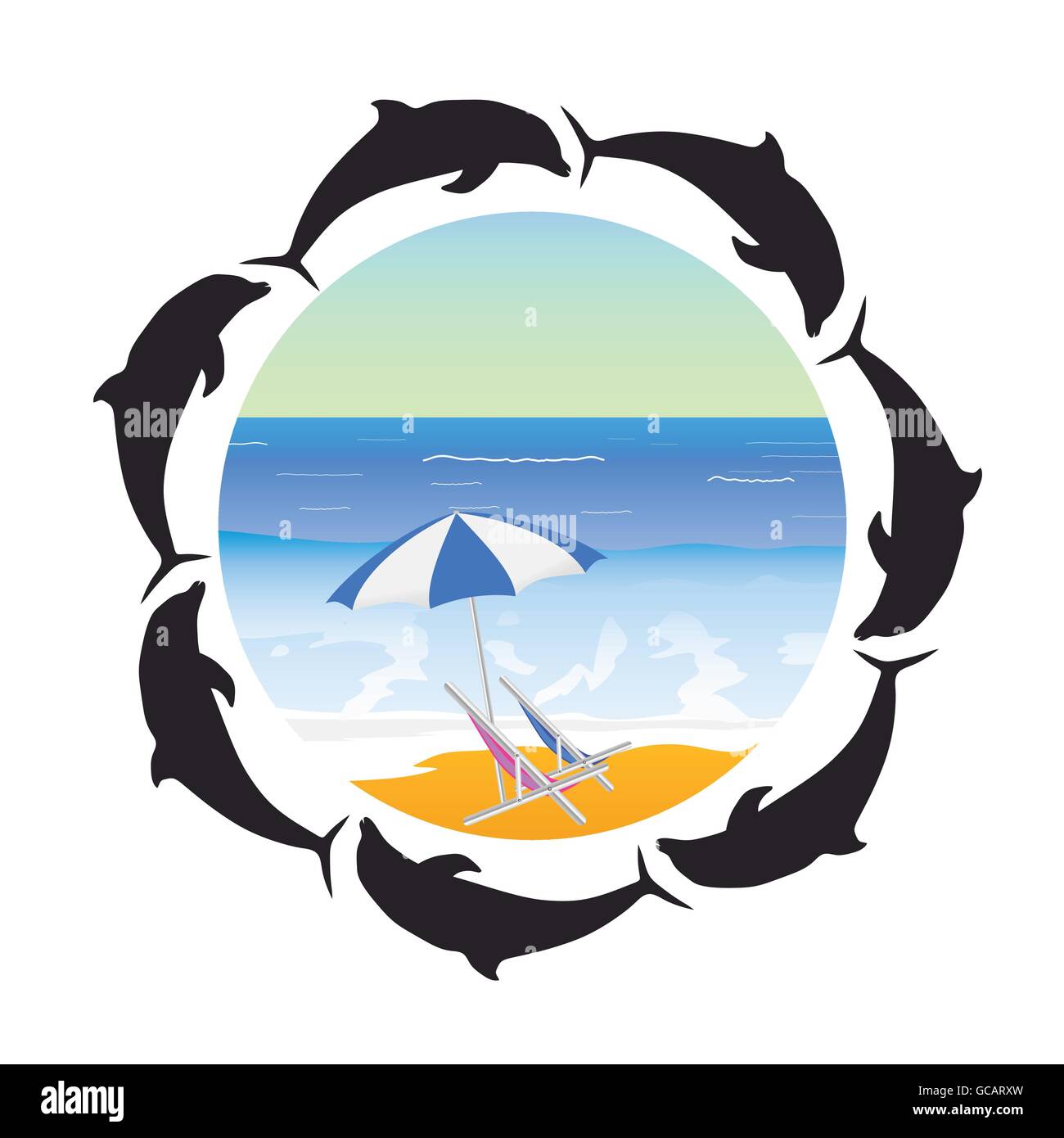 Spiaggia di illustrazione e dolphin arte silhouette vettoriali Illustrazione Vettoriale