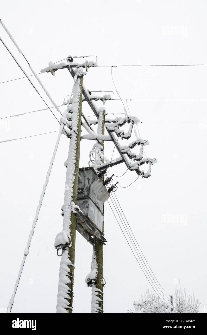 La distribuzione di energia elettrica cavi e trasformatore coperto di neve. Foto Stock