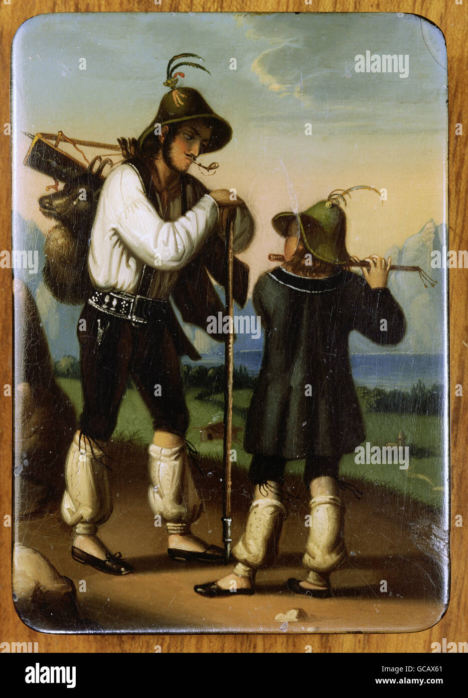 Belle Arti, pittura a smalto, cacciatori e pastori boy suonare il flauto, casella di tabacco da fiuto, all'inizio del XIX secolo, Foto Stock