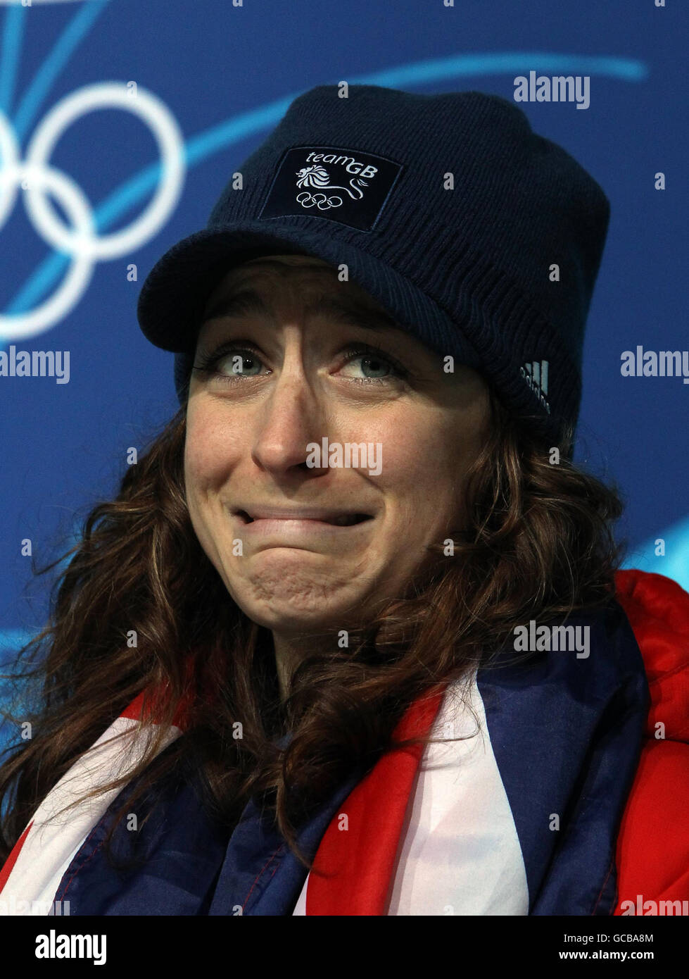 Amy Williams della Gran Bretagna alla conferenza stampa dopo la sua vittoria nello Skeleton delle donne al Whistler Sliding Center, Whistler, Canada. Foto Stock