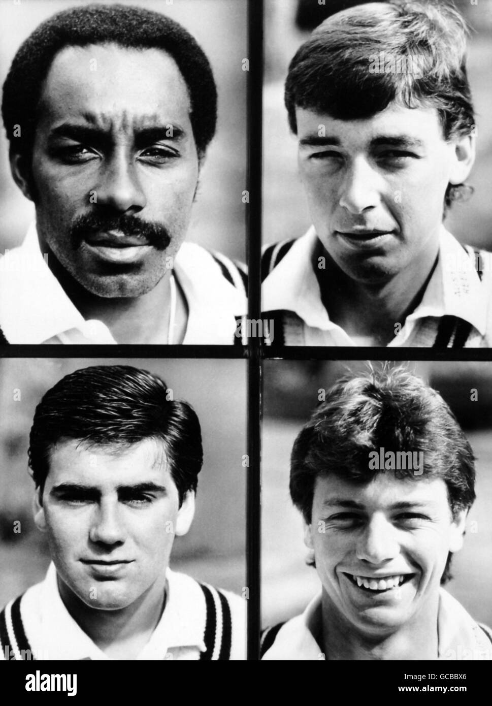 Membri del team Middlesex Count Cricket (in alto a sinistra-a destra) Roland Butcher e Angus Fraser (in basso a sinistra-a destra) Jamie Sykes e Graham Rose Foto Stock