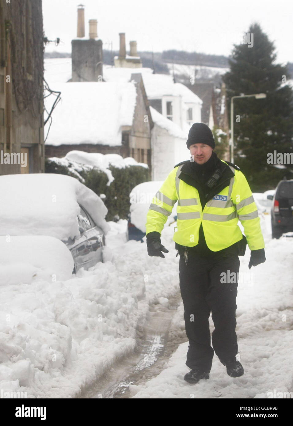 Neve condizioni Auchterarder, Scozia come il freddo scatto continua. Foto Stock