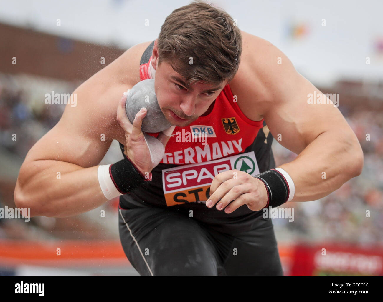 Amsterdam, Paesi Bassi. 9 Luglio, 2016. Amsterdam, Paesi Bassi. 09 Luglio, 2016. David Storl di Germania compete al colpo messo uomini turno di qualificazione al Campionato Europeo di Atletica presso lo Stadio Olimpico di Amsterdam, Paesi Bassi, 09. Luglio 2016. Foto: Michael Kappeler/dpa/Alamy Live News Foto Stock