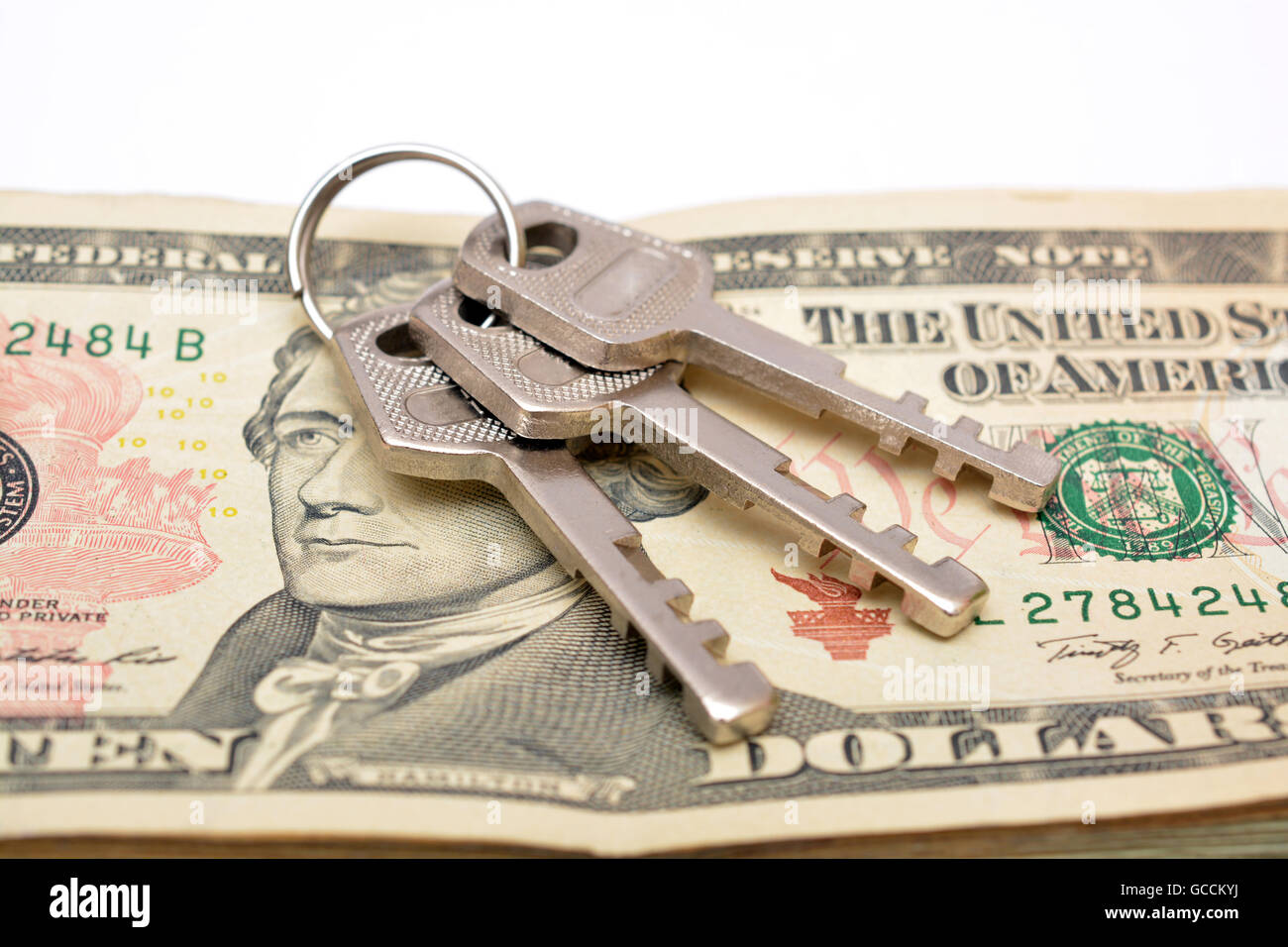 Tasti sul dollaro note close up concetto. Foto Stock