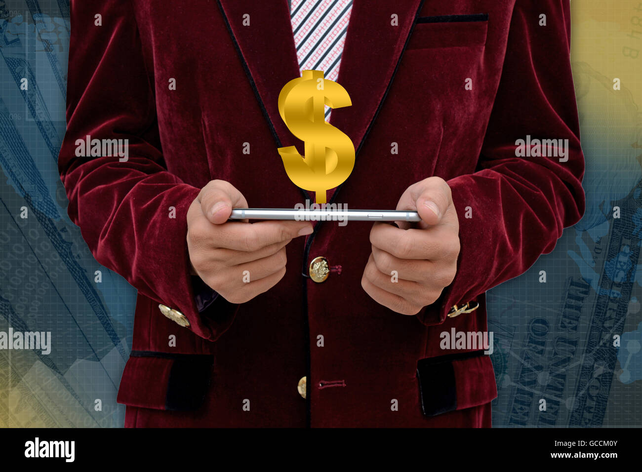 Imprenditore azienda smart phone con il simbolo del dollaro e denaro sfondo. Foto Stock