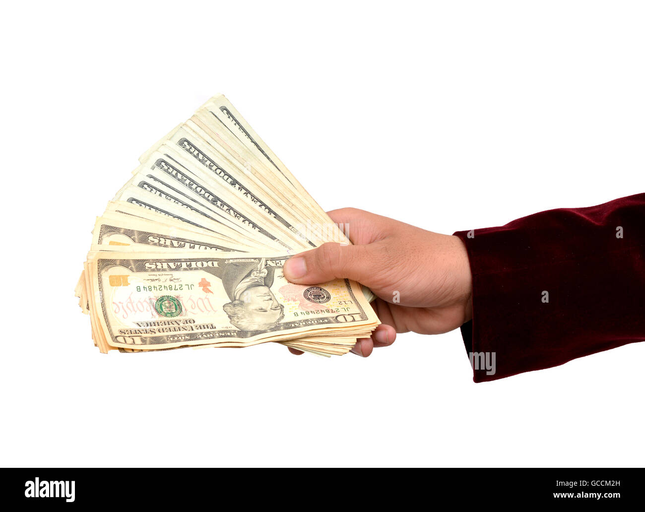 Moneta note in mano vicino. Foto Stock